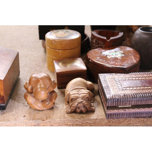 997 - A COLLECTION OF TREEN ITEMS TO INCLUDE A CAT, ELEPHANT, TRINKET BOXES, FRUIT BOWL, ETC.,