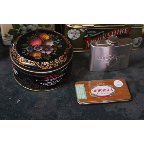 1001 - A QUANTITY OF VINTAGE TINS TOGETHER WITH A COURVOISER HIP FLASK