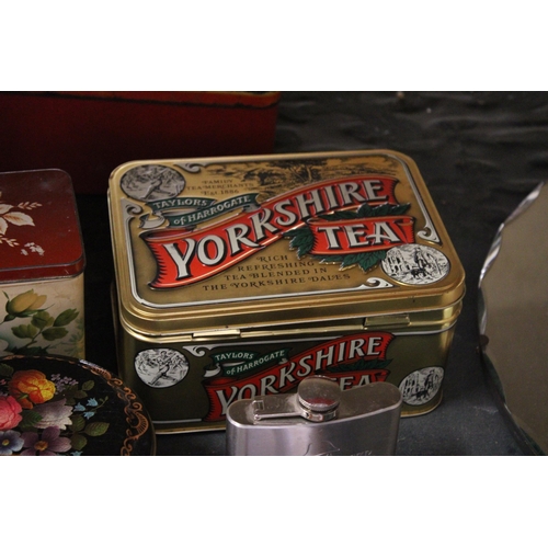 1001 - A QUANTITY OF VINTAGE TINS TOGETHER WITH A COURVOISER HIP FLASK