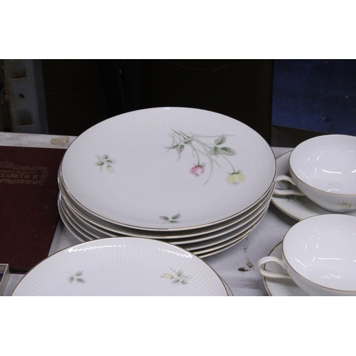 1042 - A QUANTITY OF DINNER WARE TO INCLUDE PLATES, SOUP COUPES AND SAUCERS PLUS GRINDLEY, ROYAL SWAN AND C... 