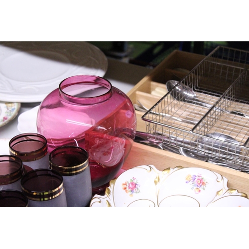 1120 - A MIXED LOT INCLUDE A QUANTITY OF FLATWARE IN TREEN TRAY, SIX AMETHYST VINTAGE GLASSES WITH GILT FLO... 