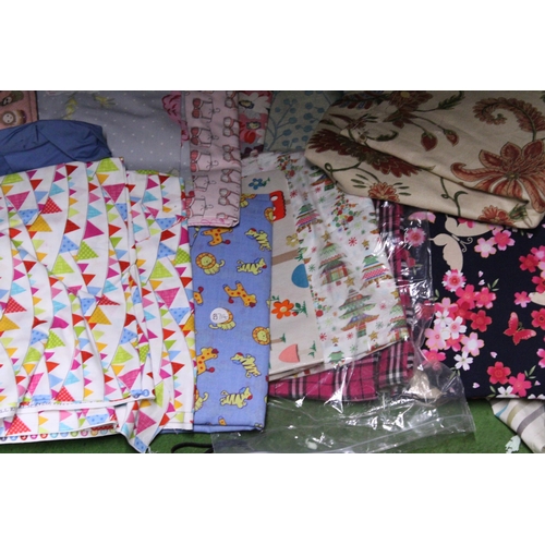 1132 - A LARGE QUANTITY OF OFF CUT AND LARGER PIECES OF PATTERNED FABRIC, PATTERNS FLORAL, ANIMALS, STRIPES... 