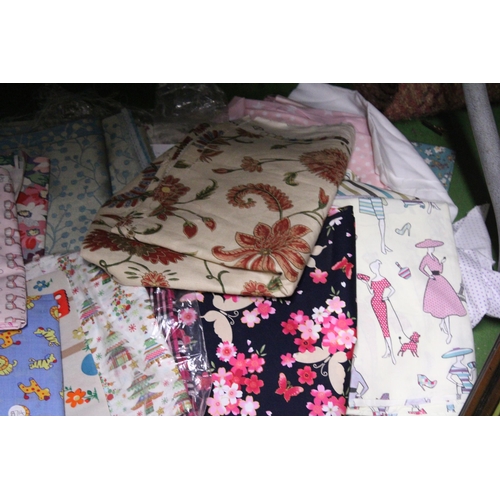 1132 - A LARGE QUANTITY OF OFF CUT AND LARGER PIECES OF PATTERNED FABRIC, PATTERNS FLORAL, ANIMALS, STRIPES... 