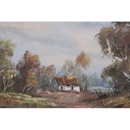 1169 - A FRAMED OIL ON CANVAS OF A WOODLAND COTTAGE SCENE SIGNED TO LOWER RIGHT HAND CORNER 32CM X 41CM