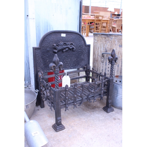 1674 - A DECORATIVE CAST IRON FIRE GRATE WITH BACK