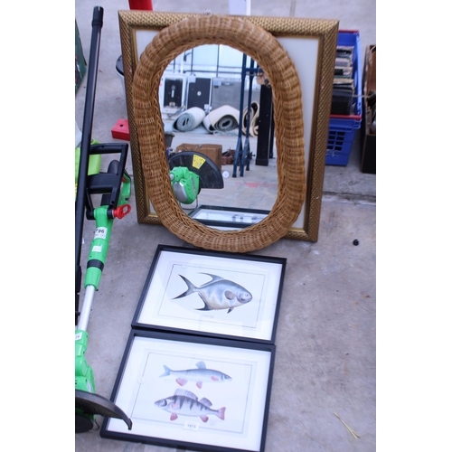 1973 - THREE FRAMED PRINTS AND A WICKER FRAMED MIRROR