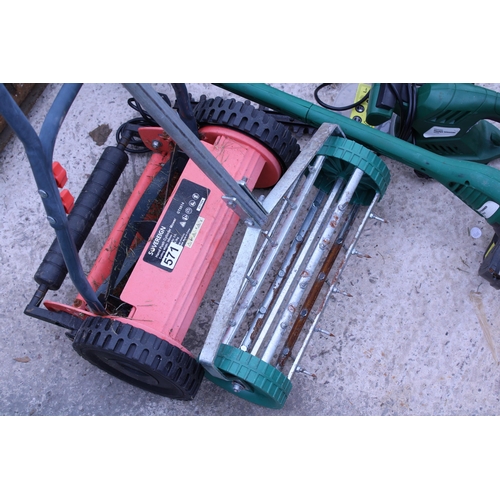 2138 - A PUSH ALONG LAWN MOWER, AN AIR RATOR AND AN ELECTRIC HEDGE TRIMMER AND STRIMMER