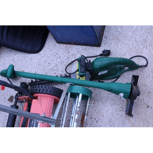 2138 - A PUSH ALONG LAWN MOWER, AN AIR RATOR AND AN ELECTRIC HEDGE TRIMMER AND STRIMMER