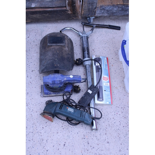 2185 - AN ASSORTMENT OF TOOLS TO INCLUDE A BARREL PUMP, A WELDING MASK AND A TORCH ETC