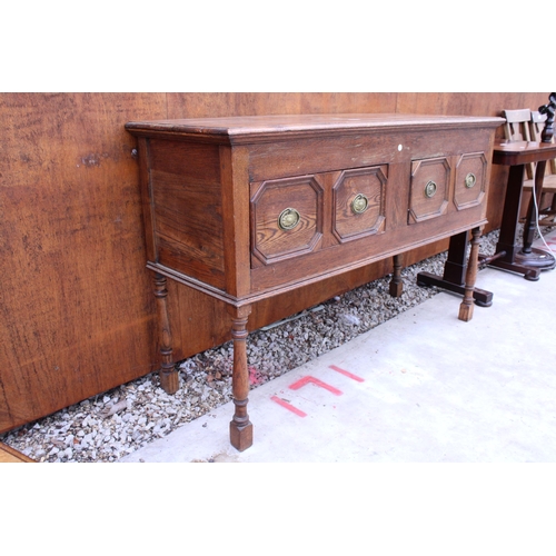 2517A - AN EARLY 20TH CENTURY OAK JACOBEAN STYLE DRESSER WITH TWO DRAWERS ON TURNED LEGS, 54