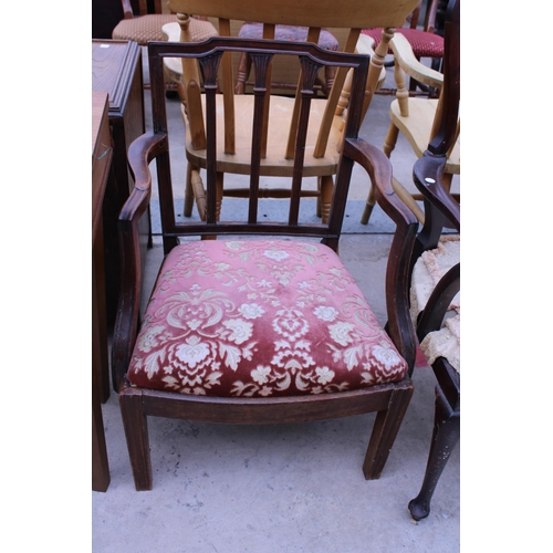 2544 - A LATE VICTORIAN OPEN ARM CHAIR WITH PIERCED SPLAT BACK AND A 19TH CENTURY LOW ARM CHAIR