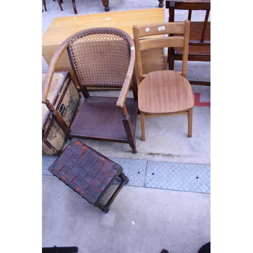 2591 - A TEAK CHILDS DINING CHAIR, SMALL STOOL AND BEECH FRAMED CANE BACK LOUNGE CHAIR