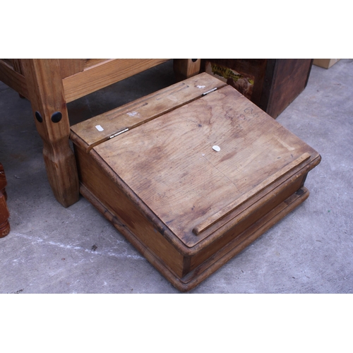 2663 - A MEXICAN PINE LAMP TABLE, WRITING SLOPE AND A NEST OF TWO TABLES