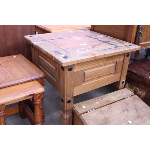 2663 - A MEXICAN PINE LAMP TABLE, WRITING SLOPE AND A NEST OF TWO TABLES