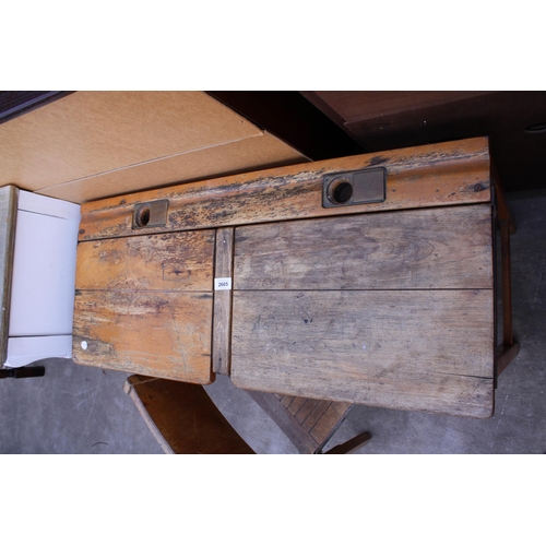 2665 - A MID 20TH CENTURY KINGFISHSER (WEST BROMWICH) DOUBLE CHILDS SCHOOL DESK AND A SINGLE CHAIR