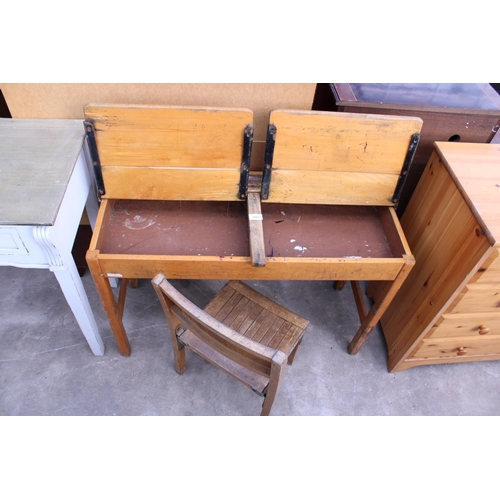 2665 - A MID 20TH CENTURY KINGFISHSER (WEST BROMWICH) DOUBLE CHILDS SCHOOL DESK AND A SINGLE CHAIR