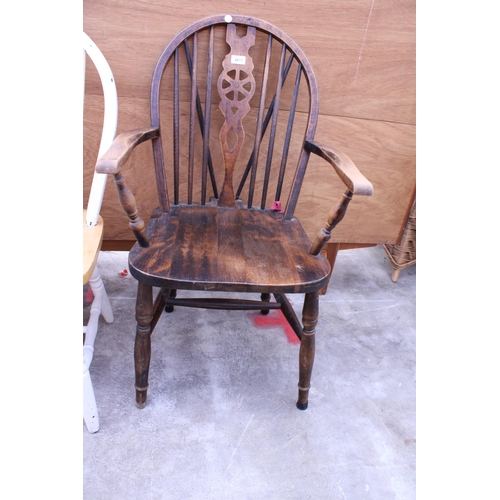 2675 - A WHEEL BACK CARVER CHAIR AND TWO KITCHEN CHAIRS