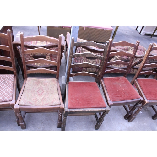 2681 - A SET OF EIGHT LADDER BACK DINING CHAIRS, ONE BEING A CARVER