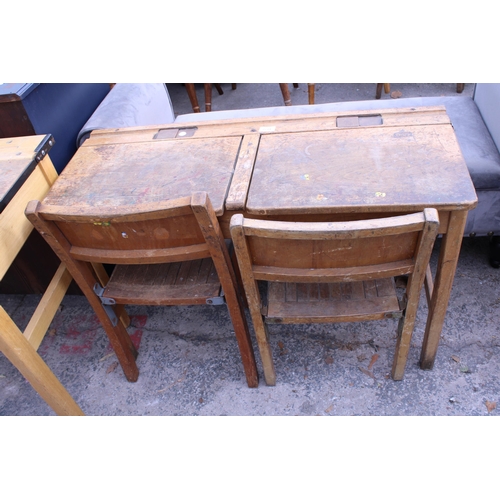 2711 - A MID 20TH CENTURY CHILDS DOUBLE DESK (KINGFISHER, WEST BROMWICH) AND TWO CHAIRS