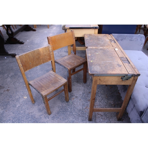 2711 - A MID 20TH CENTURY CHILDS DOUBLE DESK (KINGFISHER, WEST BROMWICH) AND TWO CHAIRS