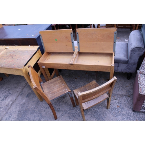 2711 - A MID 20TH CENTURY CHILDS DOUBLE DESK (KINGFISHER, WEST BROMWICH) AND TWO CHAIRS