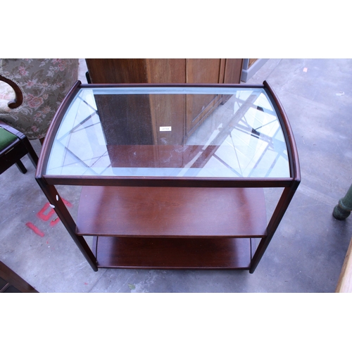 2734 - A MAHOGANY TWO TIER TROLLEY WITH INSET GLASS TOP