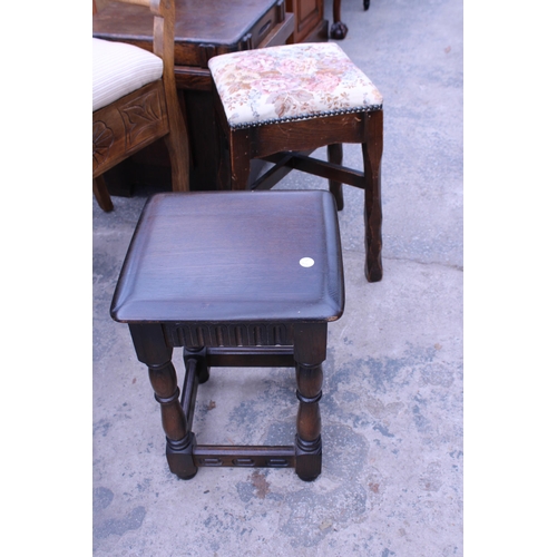 2857 - AN EDWARDIAN PIANO STOOL, SMALL OAK TABLE AND STOOL