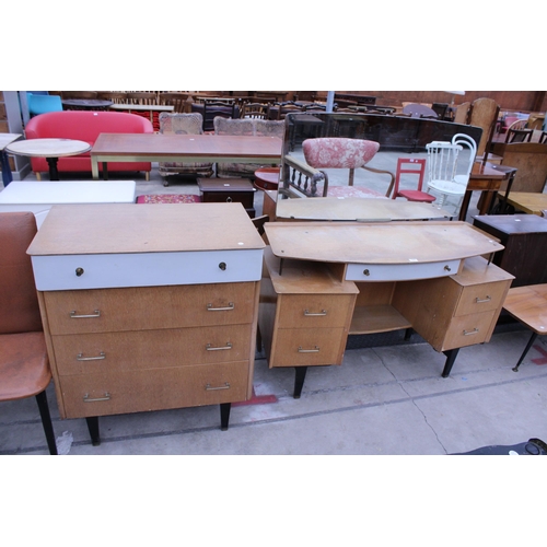 2890 - A RETRO OAK DRESSING TABLE AND MATCHING CHEST OF FOUR DRAWERS ON BLACK PAINTED LEGS