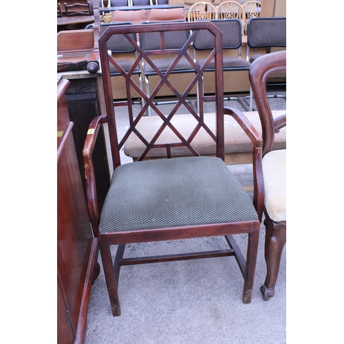 2949 - TWO VICTORIAN MAHOGANY DINING CHAIRS AND A SINGLE LATTICE BACK CARVER CHAIR