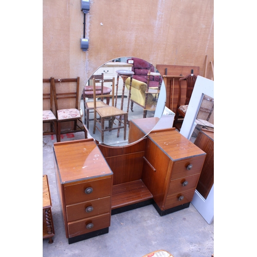 3030 - AN ART DECO STYLE PEDESTAL DRESSING TABLE WITH SIX DRAWERS AND A LARGE ROUND MIRROR