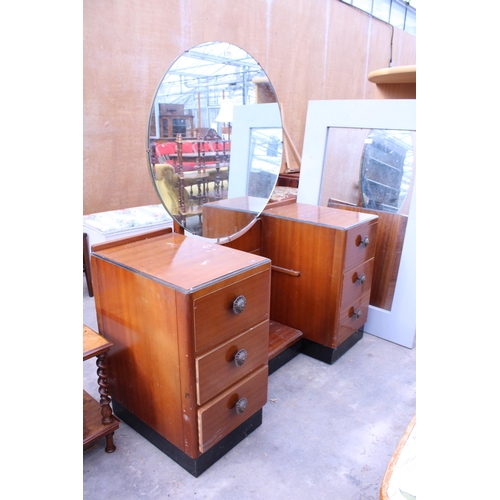 3030 - AN ART DECO STYLE PEDESTAL DRESSING TABLE WITH SIX DRAWERS AND A LARGE ROUND MIRROR