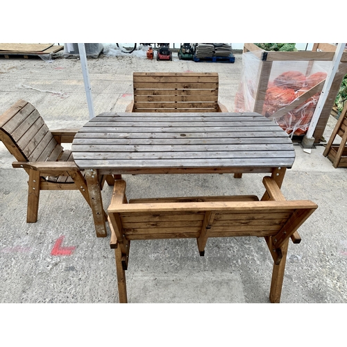 244 - AN EX DISPLAY CHARLES TAYLOR GARDEN FURNITURE SET. ONE OVAL TABLE, TWO DOUBLE SEATER BENCHES AND ONE... 