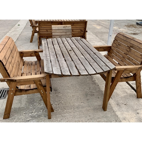 244 - AN EX DISPLAY CHARLES TAYLOR GARDEN FURNITURE SET. ONE OVAL TABLE, TWO DOUBLE SEATER BENCHES AND ONE... 