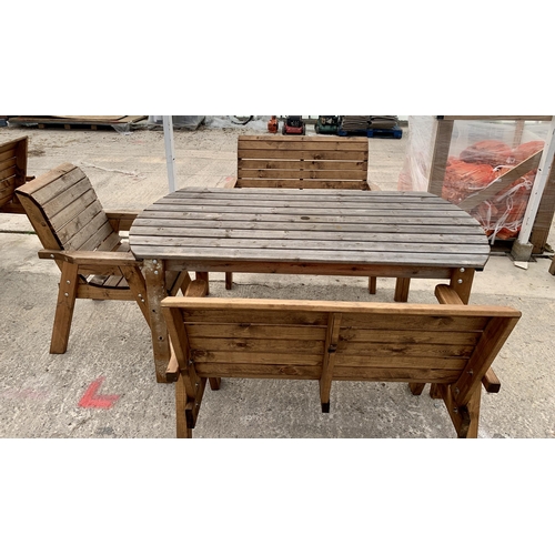 244 - AN EX DISPLAY CHARLES TAYLOR GARDEN FURNITURE SET. ONE OVAL TABLE, TWO DOUBLE SEATER BENCHES AND ONE... 