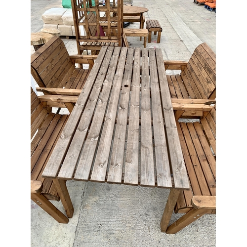 246 - AN EX DISPLAY CHARLES TAYLOR GARDEN FURNITURE SET. ONE VERY LARGE TABLE WITH FOUR DOUBLE SEATER BENC... 