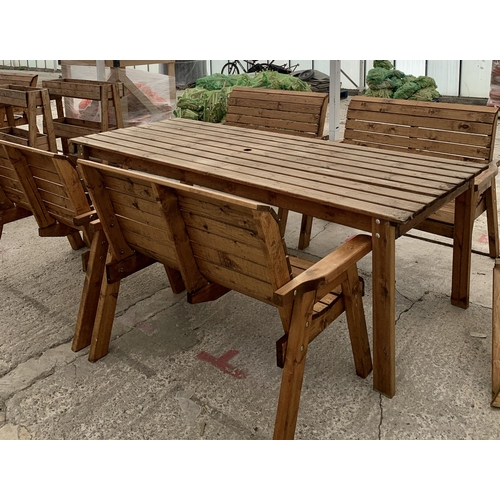 246 - AN EX DISPLAY CHARLES TAYLOR GARDEN FURNITURE SET. ONE VERY LARGE TABLE WITH FOUR DOUBLE SEATER BENC... 