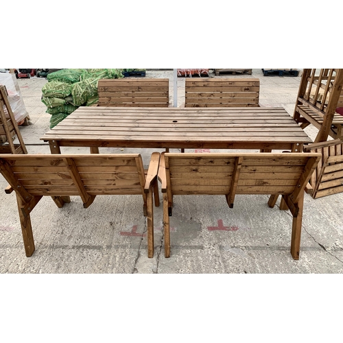 246 - AN EX DISPLAY CHARLES TAYLOR GARDEN FURNITURE SET. ONE VERY LARGE TABLE WITH FOUR DOUBLE SEATER BENC... 