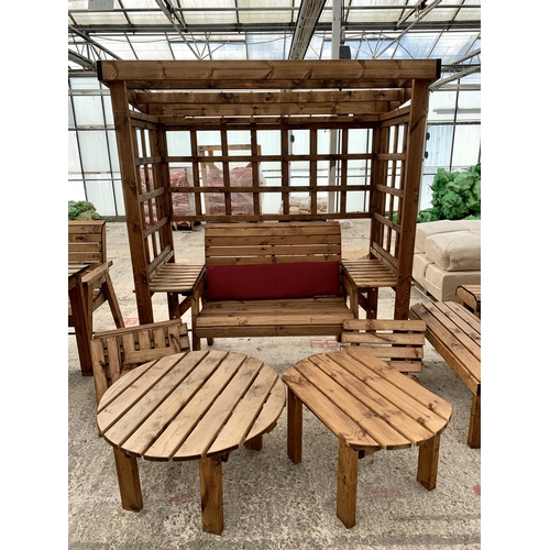 247 - AN AS NEW EX DISPLAY CHARLES TAYLOR GARDEN FURNITURE ARBOUR SET WITH DOUBLE SEATER BENCH AND CUSHION... 