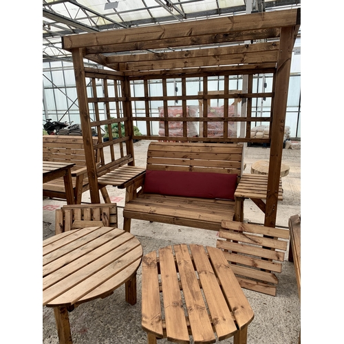 247 - AN AS NEW EX DISPLAY CHARLES TAYLOR GARDEN FURNITURE ARBOUR SET WITH DOUBLE SEATER BENCH AND CUSHION... 