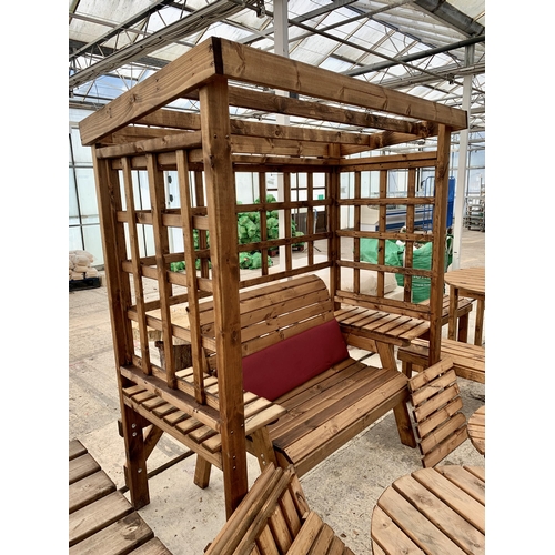 247 - AN AS NEW EX DISPLAY CHARLES TAYLOR GARDEN FURNITURE ARBOUR SET WITH DOUBLE SEATER BENCH AND CUSHION... 