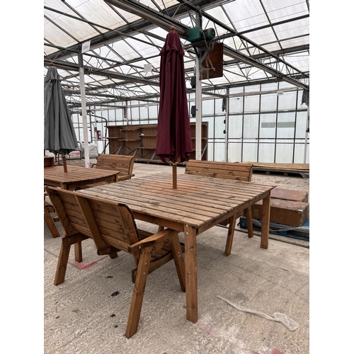 243 - AN EX DISPLAY CHARLES TAYLOR GARDEN FURNITURE SET. ONE SQUARE TABLE WITH TWO DOUBLE SEATER BENCHES A... 