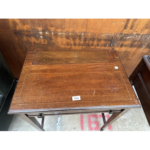 2524 - AN EDWARDIAN MAHOGANY AND INLAID WORK TABLE WITH SINGLE DRAWER AND PULL OUT STORAGE SECTION, 24