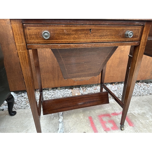 2524 - AN EDWARDIAN MAHOGANY AND INLAID WORK TABLE WITH SINGLE DRAWER AND PULL OUT STORAGE SECTION, 24