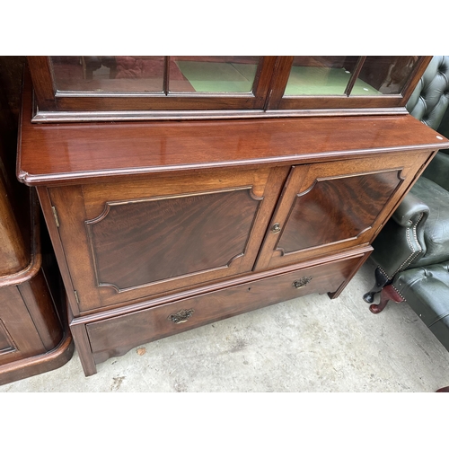 2526 - A VICTORIAN MAHOGANY TWO DOOR GLAZED BOOKCASE WITH CUPBOARD AND DRAWER TO BASE, 47