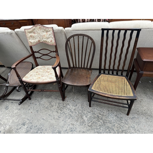 2568 - AN EDWARDIAN MAHOGANY AND INLAID ELBOW CHAIR, SMALL CHILDS WINDSOR STYLE CHAIR AND AN EARLY 20TH CEN... 