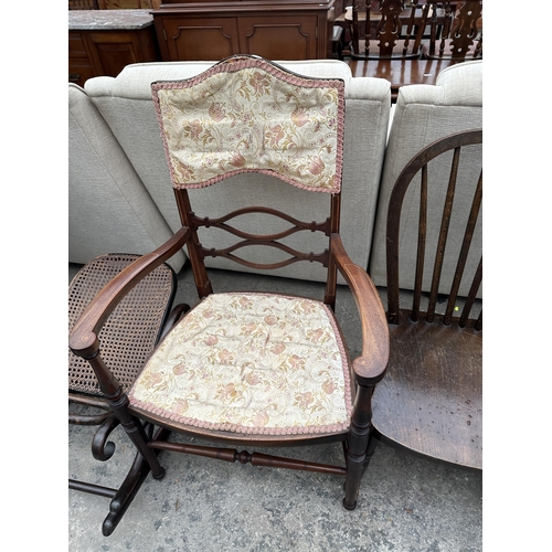 2568 - AN EDWARDIAN MAHOGANY AND INLAID ELBOW CHAIR, SMALL CHILDS WINDSOR STYLE CHAIR AND AN EARLY 20TH CEN... 