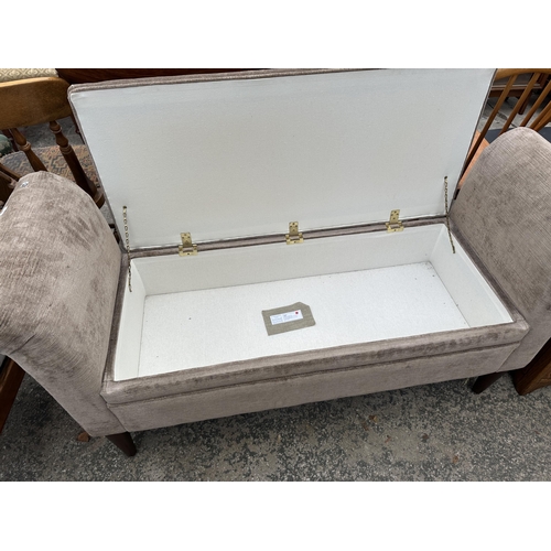 2653 - A LAURA ASHLEY VILLANDRY TRUFFLE DOUBLE STOOL WITH SCROLL ARMS AND LIFT-UP SEAT