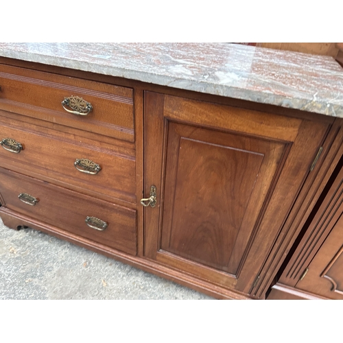 2659 - A VICTORIAN SATINWOOD MARBLE TOP WASHSTAND ENCLOSING THREE DRAWERS AND CUPBOARDS TO BASE, 42