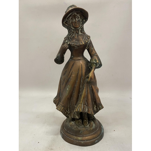 12 - A HEAVY BRONZE FIGURE OF A GIRL WEARING A BONNET - 36 CM(H)