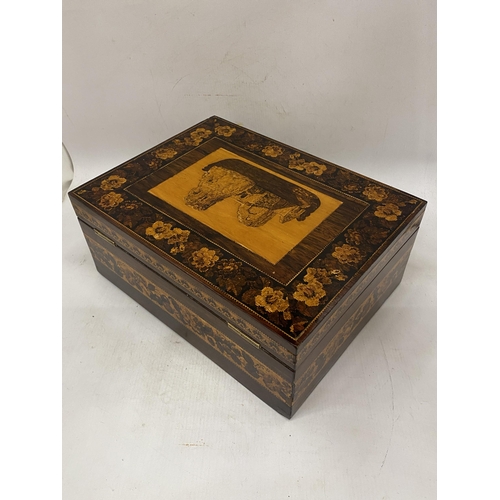 14 - A 19TH CENTURY TUNBRIDGE WARE ROSEWOOD SEWING/WORK BOX WITH FITTED LIFT OUT INTERIOR WITH A HINGED L... 